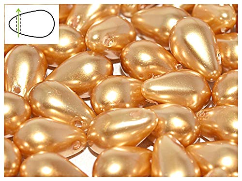Teardrop Beads, 9x6mm, 30 piezas, cuentas de vidrio prensado checas en la forma de gotas, agujero horizontal superior, Pearls Light Gold