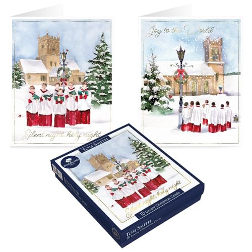 Image of Tom Smith Boxed Christmas Cards Pack - 15 Luxury Xmas Cards with Envelopes and Seals - Seasonal Church and Choir Designs - Recycled Eco Friendly Christmas Card Set