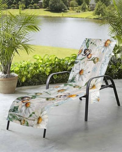 Bee Flower Beach Chair Towel Covers for Chaise Lounge With Side Pocket, Soft Plush Pool Towels Cover for Patio Sunbathing Outdoor 29''x85'' Farmhouse Blue Floral Spring Summer Wood