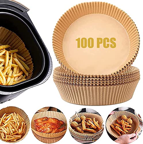 ECVV Air Fryer Disposable Paper Liner 100PCS Non-stick Disposable Air Fryer Liners Baking Paper for Air Fryer Oil-proof Water-proof Parchment for Baking Roasting Microwave 16CM (Natural-Brown)