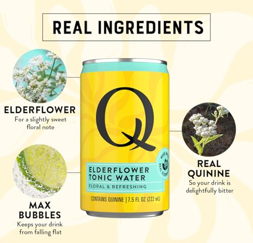 Image of Q ELDERFLOWER TONIC WATER with Real Quinine & Organic Agave - Cocktails & Mocktails - Made with Real Ingredients, Perfectly Carbonated, & Less Sweet - 45 Calories per Can - 7.5 Fl oz (Pack of 24)
