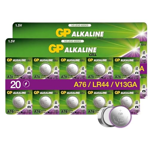 GP LR44 Button Cell Batteries, AG13, A76, 1.5V Alkaline Batteries for Watches, Toys, Calculators, Thermometers, Remotes & More, 20 Pack Leak proof Button Coin Cell with Long Lasting Power