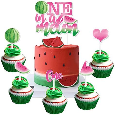 WERNNSAI Watermelon Cake and Cupcake Toppers - Pack of 31PCS Watermelon Cake Topper for Girls 1st Birthday Summer Tropical Fruit Watermelon Themed Party Cupcake Topper Picks Decorations