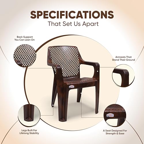 Image of AVRO Furniture Signature Heavy Duty Plastic Chair for Home, Office & Outdoor, Solid Back Support, Comfortable Seating with Arm, Ergonomic and Stackable, Pre-Assembled, 150 Kg Capacity, Set of 2, Brown