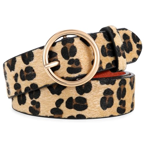 XZQTIVE Women Leather Belt with Circle Gold Buckle Fashion Ladies Waist Belt for Jeans Pants Dresses,Leopard