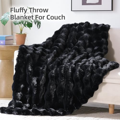 Smoofy Faux Fur Throw Blanket for Couch – Black Fluffy Cozy Rabbit Fleece, Plush Soft Bubble Blanket for Sofa & Bed, for Mom, Warm Fuzzy Home Room Decor Throw 50" x 60"
