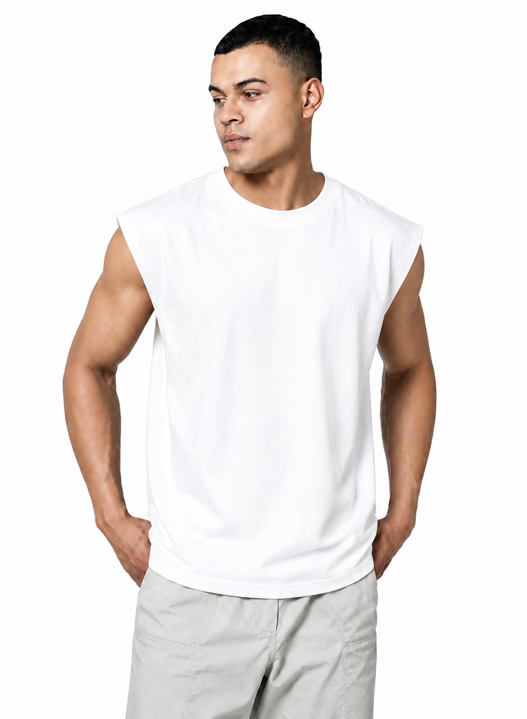 Men's Oversized Sleeveless T-Shirt | 240 GSM French Terry Cotton Tank Top | Round Neck Premium Vest for Men | Gym Vest | Streetwear Muscle Tee | Solid Casual Sleeveless T-Shirt Black-picture-10