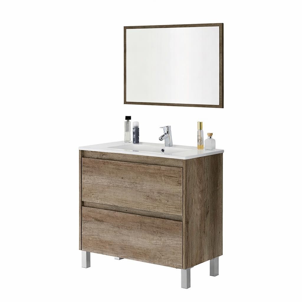 Bricozone Mobile Bagno Con Lavabo In Ceramica E Specchio 80 Cm Colore Quercia Con 2 Cassettoni Chiusura Ammortizzata Arredo Bagno Moderno 80 x 45 x 80 Cm