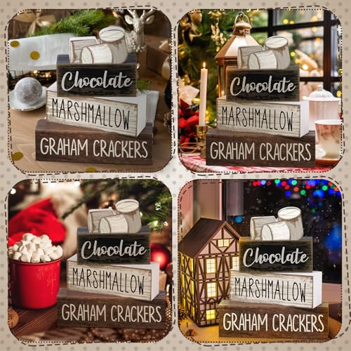 Image of Moucuny 4 Pcs Christmas Table Decoration Wooden Marshmallow Chocolate Christmas Tiered Tray Decor Xmas Centerpiece Decorative Hot Cocoa Marshmallow Block Signs Gift Winter Decoration for Home Kitchen