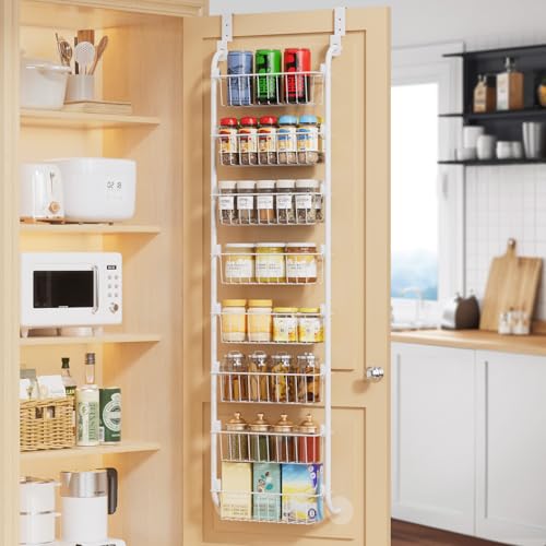 Image of Delamu Narrow Over The Door Pantry Organizer, 8-Tier Metal Pantry Door Organization and Storage for Easy Install, Hanging Spice Rack Shelves, Door Organizer for Kitchen, 4.65 inchD x 13 inchW x 65 inchH, White