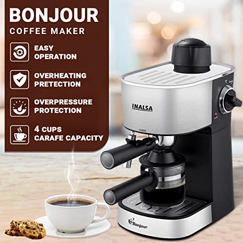 INALSA Espresso/Cappuccino 4Cup Coffee Maker 800W Bonjour (3in1 Espresso,Cappuccino & Latte