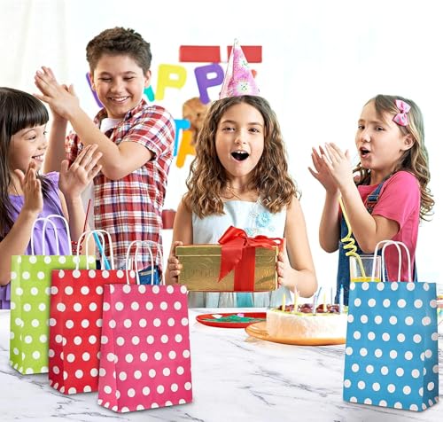Image of RanGit Bhumi Gift Bags- 10 pcs 8x4x10 inch Polka Dots Small Paper Bags with Handles, Party Favor Candy Goodie Treat Bags, Paper Carry Bags for Birthday, Wedding, Baby Shower Return Gifts (Small-Polka Dots, Pack of 10)