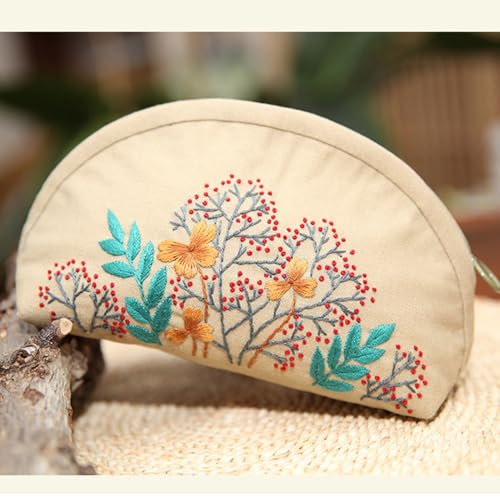 Image of FONNUY Embroidery Kit Makeup Bag for Beginners, Flowers Pre-Stamped Pattern Handbag Coin Purses Making Kits for Adults with Hoop, Easy to Follow Color Thread Needlework (Beige)