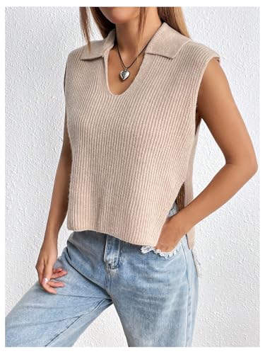 Image of MakeMeChic Women's Sweater Vest Collar V Neck Knit Sleeveless Summer Tank Tops Vest Tops Khaki Small