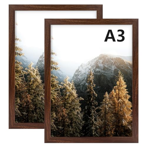 AUEAR, A3 Picture Frame Brown Set of 2, 11.7 x 16.5 Poster Prints Wall Mounted Horizontal and Vertical
