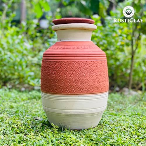 Image of 6L Earthen Clay Water Pot with Lid & Stainless Steel Tap | Dual Color | Natural Alkaline Water Dispenser | Handmade Mud Water Pot | Eco-Friendly & Traditional