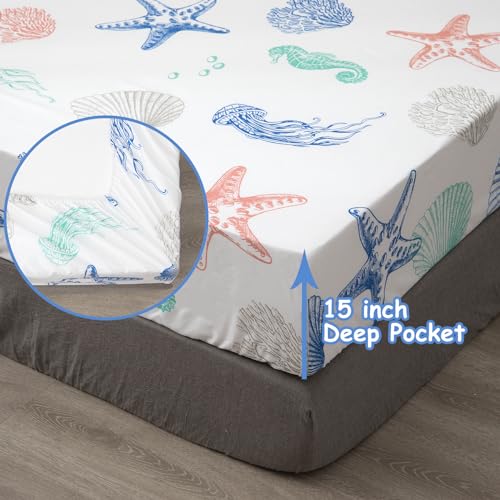 Jsd 4 PC KIDS PRINTED SET-STARFISH-TWIN Beach Theme Kids Sheet Set Twin, 3 Piece Starfish Jellyfish Coastal Summer Microfiber Bed Sheets Deep Pocket thumb #5