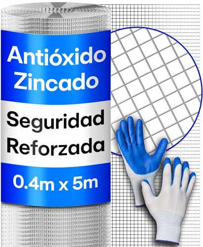 Praknu Malla Metalica Fina Galvanizada con Guantes – Rollo 0,4 x 5 m Rejilla – Malla para Gallinero y Huerto 40 cm– Malla Antirroedores para Jardín, Camas Elevadas y Compostera