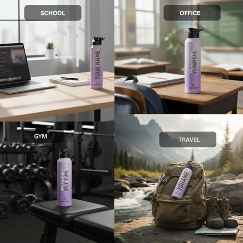 Image of Speedex Engraved Name Stainless Steel Sipper Water Bottle 1 Ltr - Customised Personalised Bottle for Kids & Adults, School, Gym, Sports, Black, Set of 1 (Dual Purple, Set Of 1)