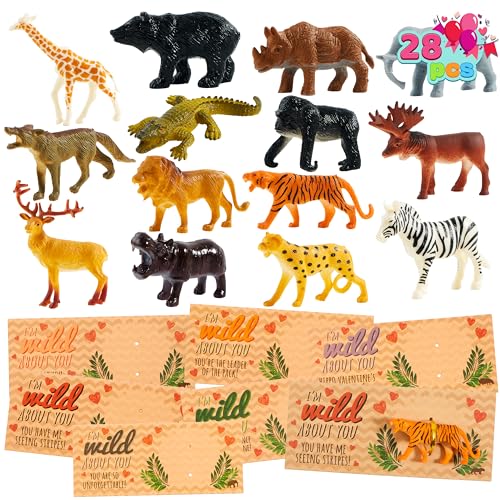 JOYIN 28Pack Gifts Cards with Zoo Animals Figures for Boys Girls, Greeting Cards for Classroom Exchange, Kids Party Favors School Game Prize Toys