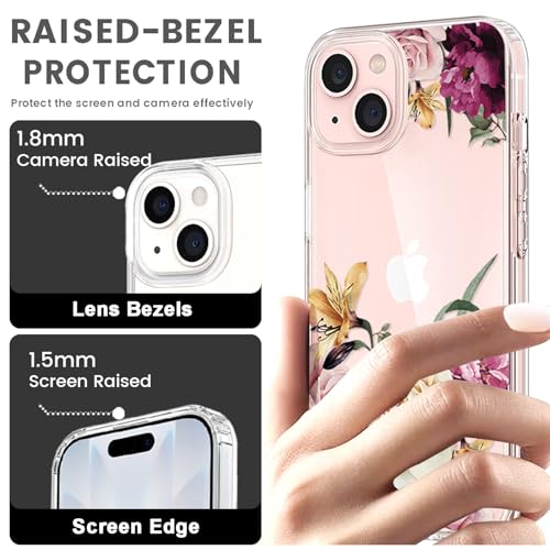 Coque pour iPhone 15 anti-chocs avec dos rigide et fleurs