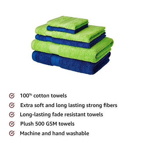 Image of Amazon Brand - Solimo 100% Cotton 6 Piece Towel Set, 500 GSM (Iris Blue and Spring Green)