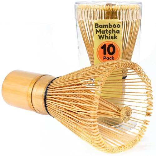 BambooMN Japanese Matcha Whisk Chasen - Traditional Handcurled 100 Tate Matcha Utensil - Natural Golden Brown - 10 Pieces