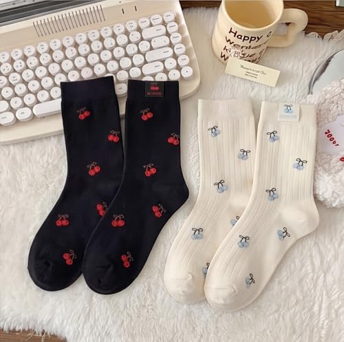 Image of Women's Cute Crew Socks, Casual Athletic Cotton Bowknot Cherry Calf Novelty Socks for Women