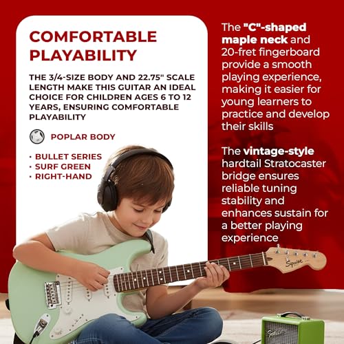 Image of Fender Squier 3 /4-Size Kids Mini Strat Electric Guitar - Surf Green Bundle with Amplifier, Cable, Tuner, Strap, Picks, Online Lessons, and Austin Bazaar Instructional DVD