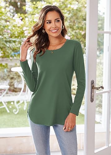 Image of Herou Women's Casual Long /Short Sleeve T Shirt Crewneck with Side Split Fall Pullover Loose Tunic Sweater Tops