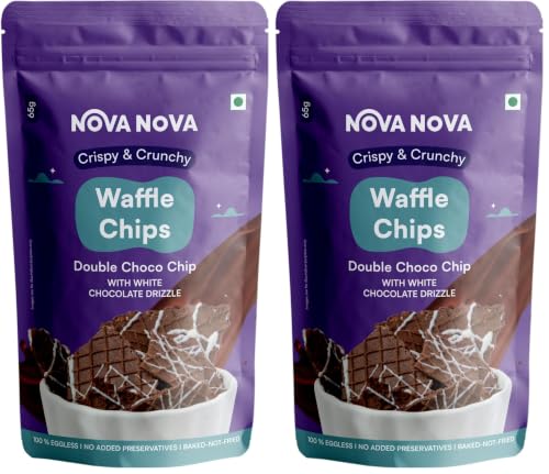 Image of Nova Nova Waffle Chips - Double Choco Chip with Chocolate Drizzle | 100% Eggless | Freshly Baked | Pack of 4 (130g)