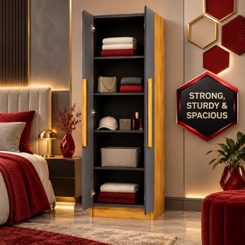 Image of Bniture Wooden Almirah for Clothes, Door for Bedroom, 2 Door Wardrobe with 4 Shelves Huge Storage Space (46D x 60W x 182H CM) | 3 Year Warranty (Slate Grey)