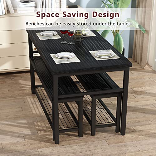 AWQM 43.3 Dining Table Set for 4 with 2 Benches and Storage Rack, Black Metal Frame