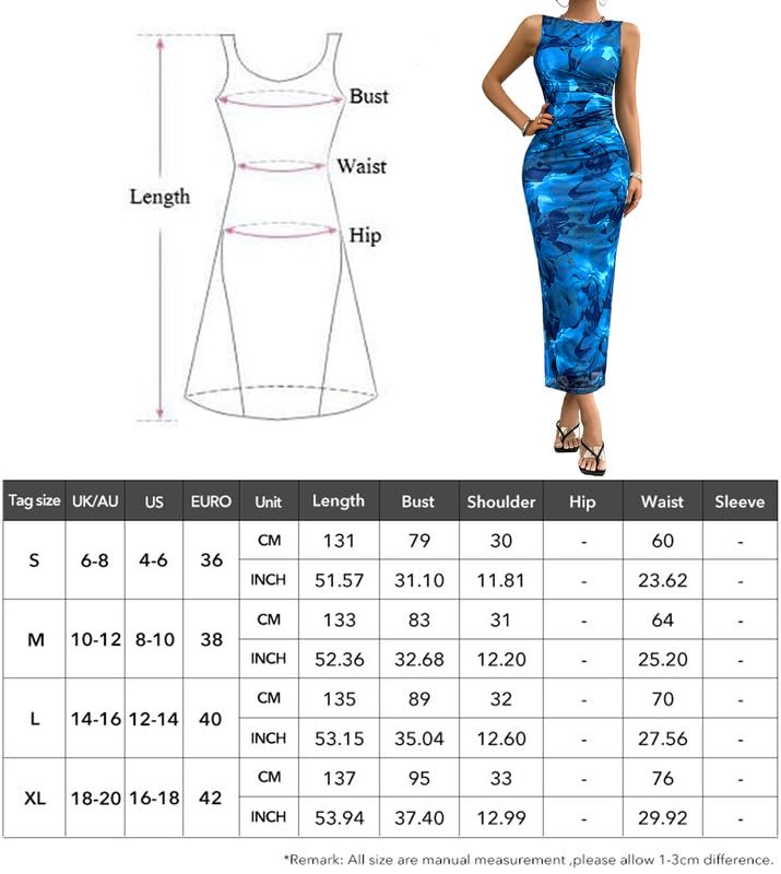 Vestido Mujer Sexy sin Mangas Cuello Redondo Tie Dye Vestidos Largo Ajustado Elegante Maxi Vestido de Fiesta Verano Bodycon Wrap Vestidos Fruncido para Cóctel Casual Noche Clubwear