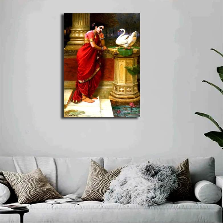 Image of Sikhash Raja Ravi Varma Canvas Art /Classic Printing Art /Famous Indian Hamsa Damayanti Art, Unframed Wall Art for Bedroom, Living Room, Home, Office, Fabric Wall Decor (Multicolor, 35x23 inches)