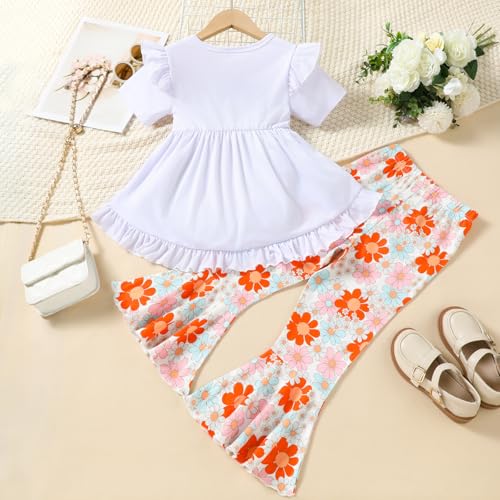 Toddler Baby Girl Bell Bottoms Outfits Ruffle Short Sleeve Shirt Tops and Floral Flared Pant Set2