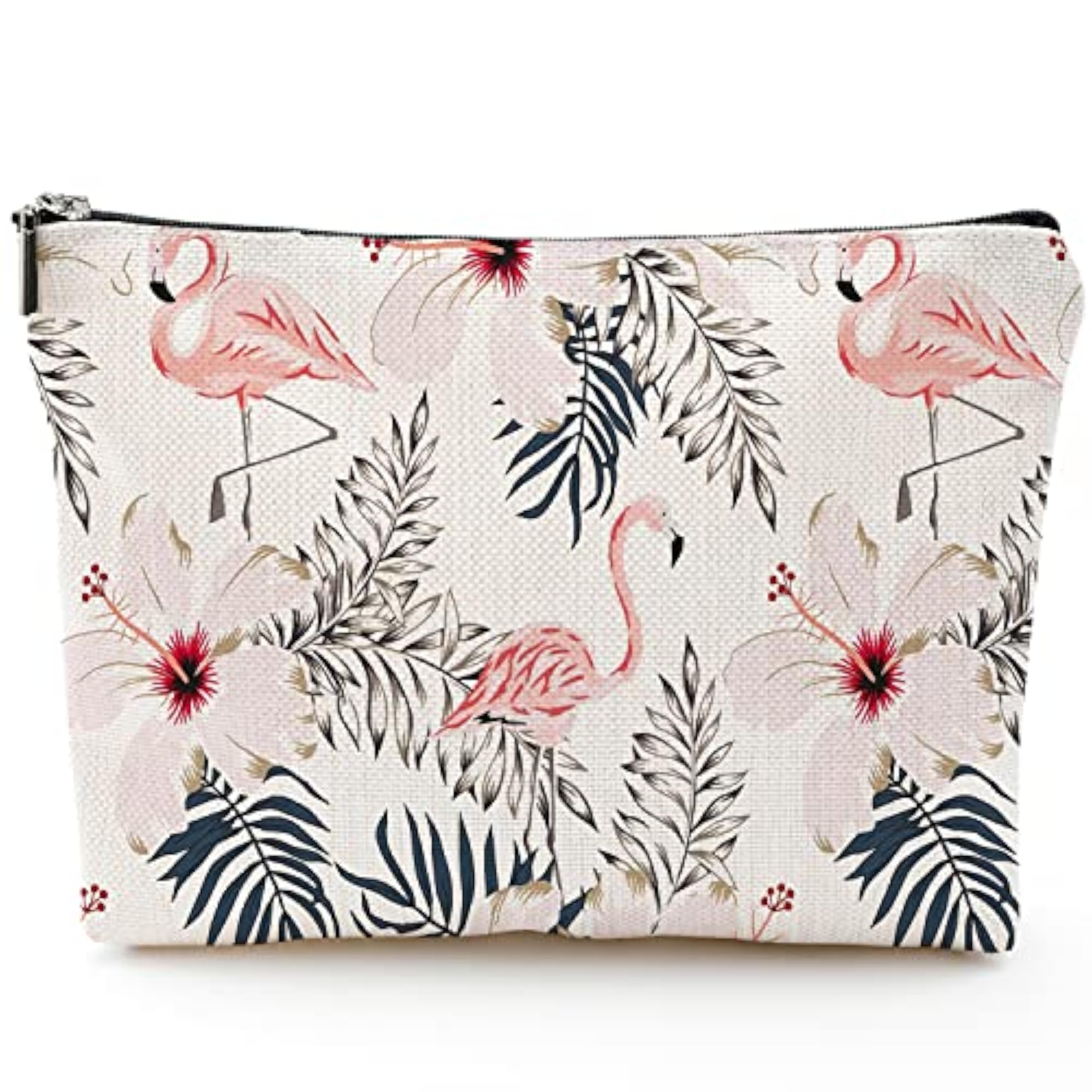 Beige Flamingo Zipper Pouch Travel Cosmetic Organizer