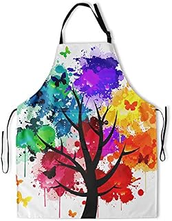 Colorful Tree Art Apron with 2 Pockets and Adjustable Neck Straps Adult Artist Painting Aprons for Women Men Waterproof Rainbow Butterfly Kitchen Bibs for Chef Cooking Gardening Grilling BBQ