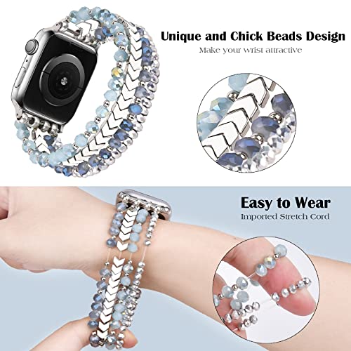 Image of MOFREE Beaded Bracelet Compatible for Apple Watch Band 38mm 40mm 41mm 42mm 44mm 45mm Women,Fashion Handmade Elastic Stretch Strap for iWatch Series SE 8 7 6 5 4 3 2 1