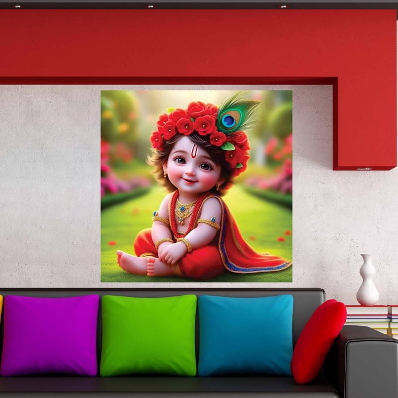 Image of British Terminal Cute little Bal Gopal Baby God Krishna| Kanha Ji | Laddu Lord Makhan Chor Painting Religious Poster for Pregnant Women for wall (matt thin vinyl,sticker,multicolor,unframed)| bj219