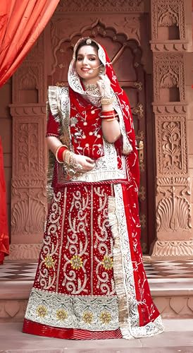 Image of Heavy Embroidery Work Semi Stitched Shimmer Silk Rajputi Poshak For Women Rajasthani Lehenga Choli