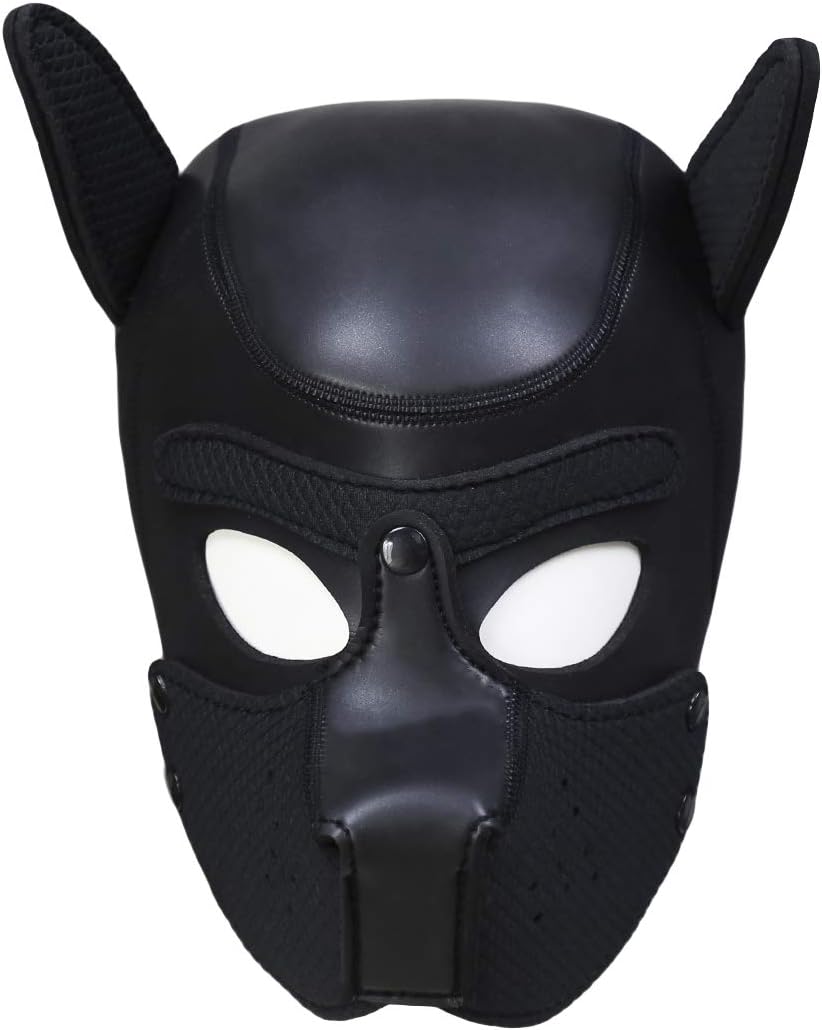 XuSha Neoprene Puppy Hood Mask Full Face Cosplay Costume Mask Dog Hood Pet Hat Removable Mouth Cosplay Party Dog Head Mask Props Animal Imitation Puppy mask for Men Adult(Medium+Blue) (Black, Medium)