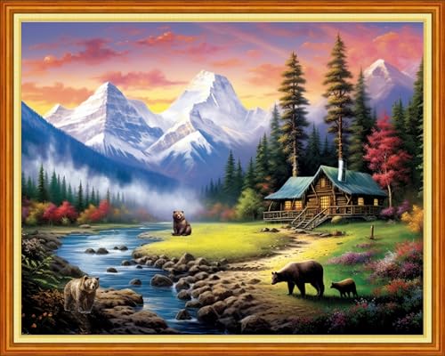 Image of Dooxvey Cross Stitch Kits for Adults Stamped Full Range of Embroidery Starter Kits for Beginners 11CT Printed Cross Stitch Patterns Needlepoint Kits Stamped Crossstitching-Bear Scenery 16x20 inch