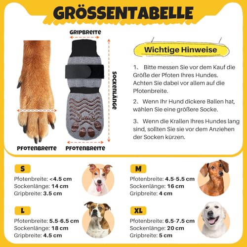 Eyein Hundesocken, 2 Paar Doppelseitige Anti-Rutsch Socken mit verstellbarem Klettverschluss für Hunde - Pfotenschutz auf Hartholzböden in Innenräumen Winter (Grau, XL)