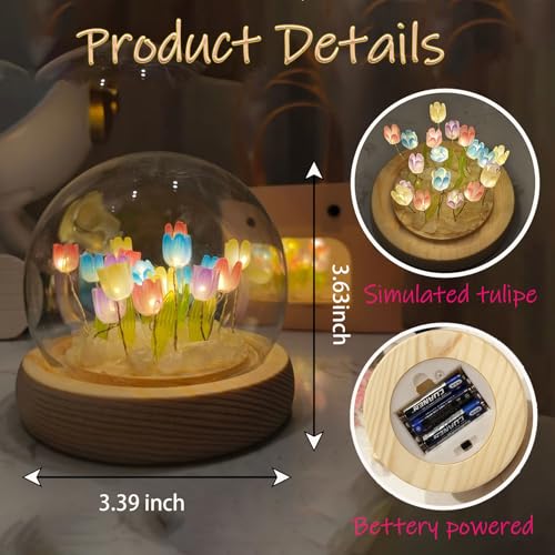 Image of One94Store Tulip LED Night Light - Decorative Glass Table Lamp with 10 Artificial Flowers, Soft Glow for Bedroom, Living Room, Birthday & Gifts (8 cm, Multi-Color)