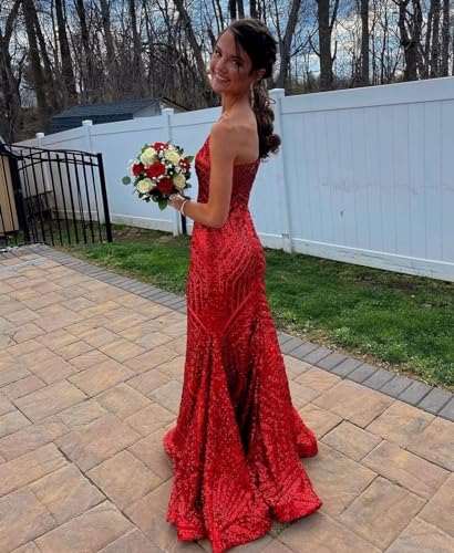 Womens One Shoulder Sequin Mermaid Corset Prom Dresses for Teens Sparkly Long Formal Evening Ball Gown ZN0124