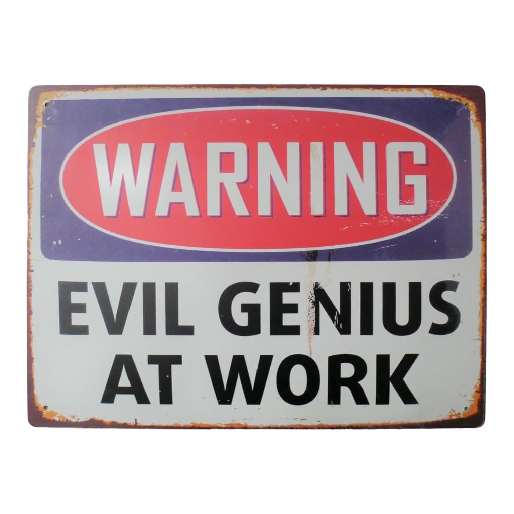 Large Metal Warning Wall Sign 'Evil Genuis At Work' - Perfect for Man Cave, Games Room, Shed, or Garage, Distressed Style Plaque