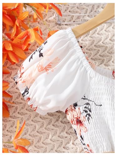 Girl's Floral Puff Sleeve Vacation Dress Smocked Ruffle Hem A Line Summer Dresses with Belt3