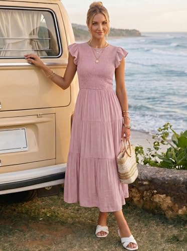 Image of ZESICA Women's 2026 Summer Casual Flutter Short Sleeve Smocked Midi Dress