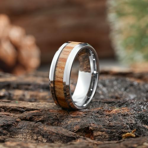 Image of King Will Nature Koa Wood Inlay Tungsten Carbide Wedding Ring 8mm Silver /Black /Gold /Green /Rose Gold /Blue Wedding Band for Men High Polished Anniversary Rings Comfort Fit Size 6-15